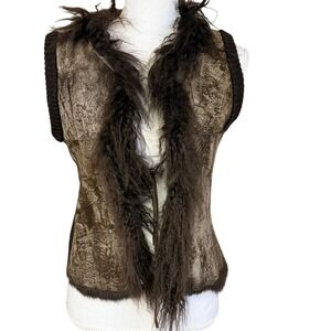Kenji Boho Fur Trim Textured Vest‎ Rabbit Fur Panel Size M